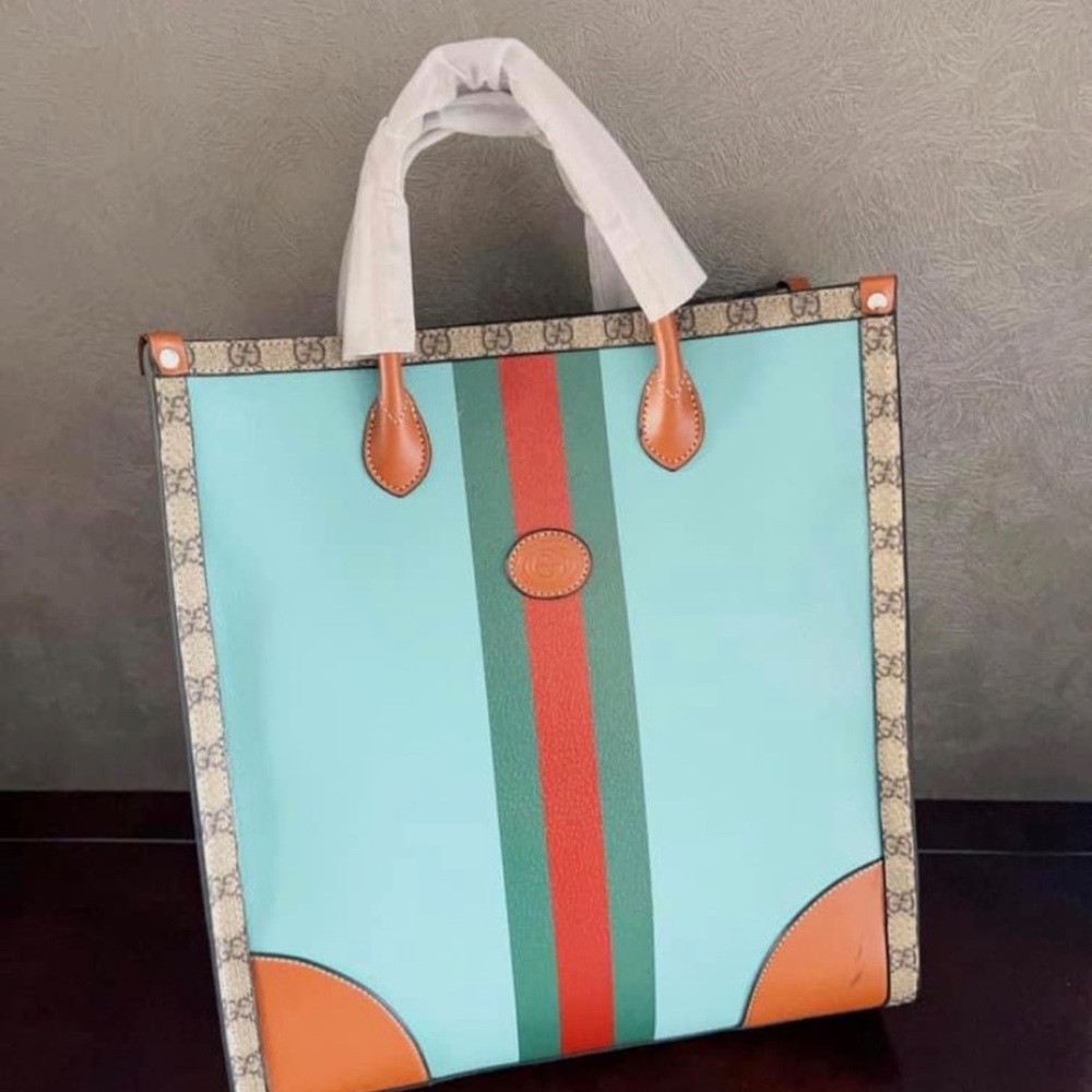 Blue and Tan Tote Bag with Leather Trim